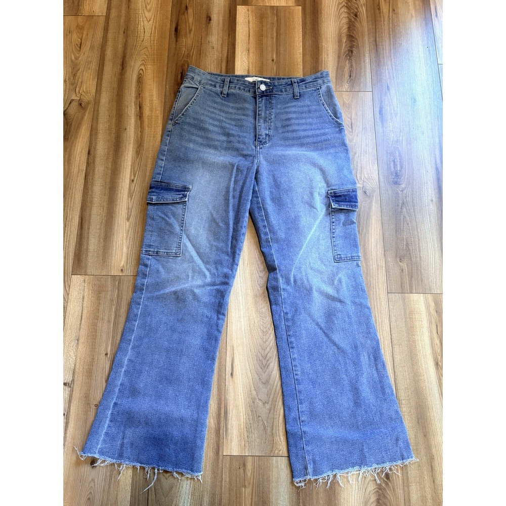 KanCan Cargo Jeans Women's 9‎ Or 28 Stretch Wide Leg Raw Hem Blue Utility